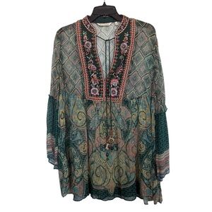 Soft Surroundings Women’s Sz S Emerald Shira Peasant Top Sheer Embroidered